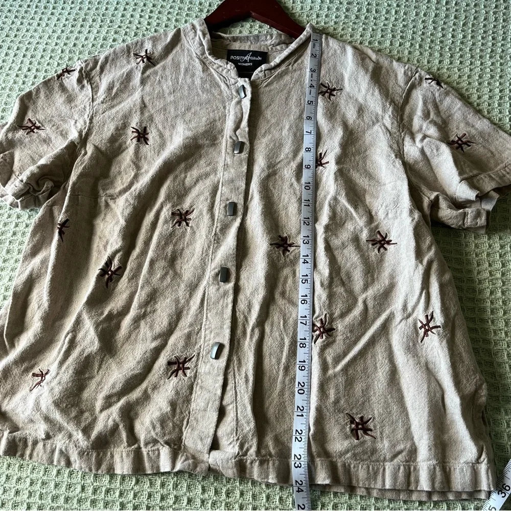 Vintage Positive Attitude Button Up Short Sleeved Linen Type Shirt Tan Floral - Picture 10 of 11